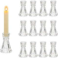 Glasseam Small Candle Holder Taper Candle, caurspīdīga stikla sveču turētājs, komplekts no 12, kristāla sveču statīvs kāzu galda svecēm, sveču turētājs svecēm Taper Candle, dzimšanas dienas un Ziemassvētku rotājums