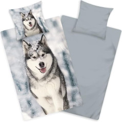 Aminata kids Flannelette gultasveļa 135 x 200 cm Bērnu suns Husky suns Dzīvnieku motīvs Kokvilna Zip Bērnu flaneļa gultasveļa Ziemas motīvs Silts un mīksts Vilks Balta ziemas ainava