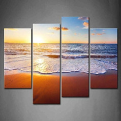 First Wall Art - Strand Unter dem Sonnenuntergang Leinwand Bilder Blaues Meer und Wellen Wandbild Poster 4 Panel Modern Seestücke Dekorationen Für das Wohnzimmer,Büro,Küche,Badezimmer