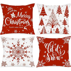 Lanpn Pack of 4 White and Red Cushion Covers Ziemassvētku spilvenu pārvalks 60 x 60 cm, ziemas sniegpārslas Dekoratīvie Ziemassvētku spilveni Ziemassvētku dekorēšanai Ziemassvētku gultas veļa dīvāna rotājumi (sarkans)