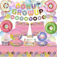 Donutu ballītes dekorācijas, ietver Doughnut Grow Up Banner, papīra galda piederumus, balonus, galdautu, galdautu, kūkas toperus meitenēm Sweeties Baby Donut Grow Up Theme Birthday Decorations, 20 viesiem