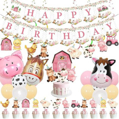 Rozā fermas dzīvnieku dzimšanas dienas rotājumi meitenēm Farm Floral Theme Happy Birthday Banner Govs cūka ēzelis baloni Hanging Swirls Cake Cupcake Toppers