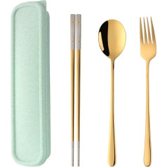 SBOMHS Edelstahl tragbare 3-teilige Besteck-Set mit Hülle Gabellöffel Essstäbchen für 1 Camping Besteck für Schule Picknick Utensilien Set Gold