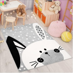 carpet city children’s rug, bubble kids flat pile floppy-eared rabbit, white polka dots, in pink, grey or green, for children’s room.