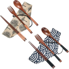 Quesuc 2 Pcs koka galda piederumu komplekts Ceļojumu piederumi Bound Reusable Cutlery Koka dakša Spoon Chopsticks