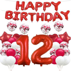 GLZLMM 12. dzimšanas dienas balons, 12. dzimšanas dienas dekorēšana, sarkans 12 baloni Happy 12th Birthday Party Supplies, numurs 12 Mylar Foil Balloons, lateksa baloni, dāvanas meitenēm