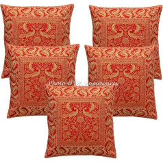 DK Homewares Brokat Traditional Maroon Dīvāna spilvenu pārvalki 40 x 40 cm Brokāta žakarda Pāvu Paisley Square Dekoratīvie spilvenu pārvalki 16 x 16 Mājas dekoru komplekts 5