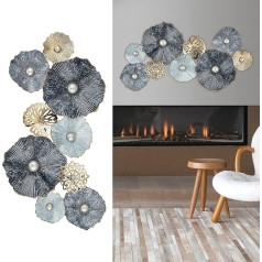 Cepewa Wall Decoration 3D Look for Hanging │ Flower Motifs Metal Blue/Silver/Gold W 53 x H 90 cm │Wall Sculpture Horizontal Vertical (1 x Wall Decoration Ariana)