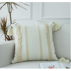 LIGICKY Spilvenu pārvalks Boho Tufted Dekoratīvie spilvenu pārvalki Tufted Tassel Stripes Mīksts kokvilnas spilvenu pārvalks dīvānam Dīvāns Guļamistaba Dzīvojamā istaba Birojs Automašīna Krēmkrāsas balta (45 x 45 cm)