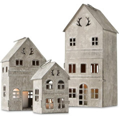 Main Street Townhouse sveču laternu komplekts no 3 Vintage Antler detaļas Weathered White un Rustic Grey Metāla eņģu durvis 13,5