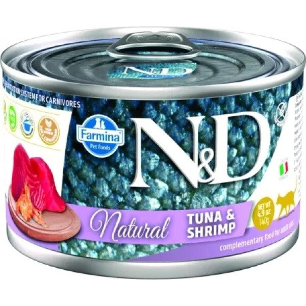 n&d cat natural tuncis un garneles - mitrā kaķu barība - 140 g