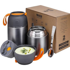 Logeeyar Thermal Container for on the go, 500 ml & 700 ml, Stainless Steel Warming Container with Foldable Spoon, for Food, Baby Food, Soup, Porridge, Yogurt, 2 Insulated Containers in a Set, Grey