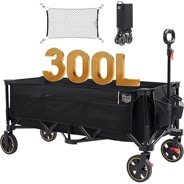 TIMBER RIDGE XXXL Handcart Foldable 300 L 160 kg with Nets as Fall Protection Transport Trolley with Brake Side Pocket Drink Holder Adjustable Handle Garden Trolley Beach Trolley for All Terrain Black