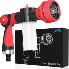 ESOW Garden Hose Nozzle, High Pressure Foam Spray Gun, 8-Way Spray Pattern with 3.5oz/100cc Soap Dispenser Bottle, Snow Foam Gun for Car Washing, Plant Watering, Lawn, Patio, Red