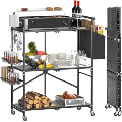 DTUQYX Faltbarer Outdoor-Grillwagen mit 3 Ebenen, Grillwagen, Grilltisch für den Außenbereich mit 2 Rollen mit Gesamtverriegelung, Pizzaofen-Ständer, Grilltisch und zusammenklappbarer Kücheninsel,