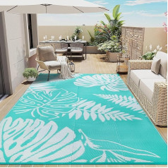 PureCozy Āra plastmasas salmu paklājs Lapas Ūdensizturīgs iekštelpu āra patio paklājs 9x12 Tropical Reversible Teal Mazgājams liels āra paklājs izmantošanai ārpus telpām