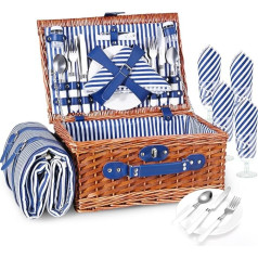 SenDeluz Wicker Picnic Basket for 4 People, Handmade Wicker Basket with Picnic Blanket and 4 Sets of Tableware, Cutlery, Plates, Glasses, Salt & Pepper Shakers for Outdoor Picnic