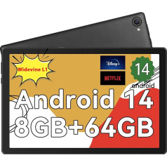 HotLight Tablet 10 collu Android 14 planšetdators ar OTG pārraidi un sejas noteikšanu, astoņkodolu planšetdators ar Widevine L1 un 8GB + 64GB + 1TB TF, 5000mAh, C tipa austiņu ligzda, melns