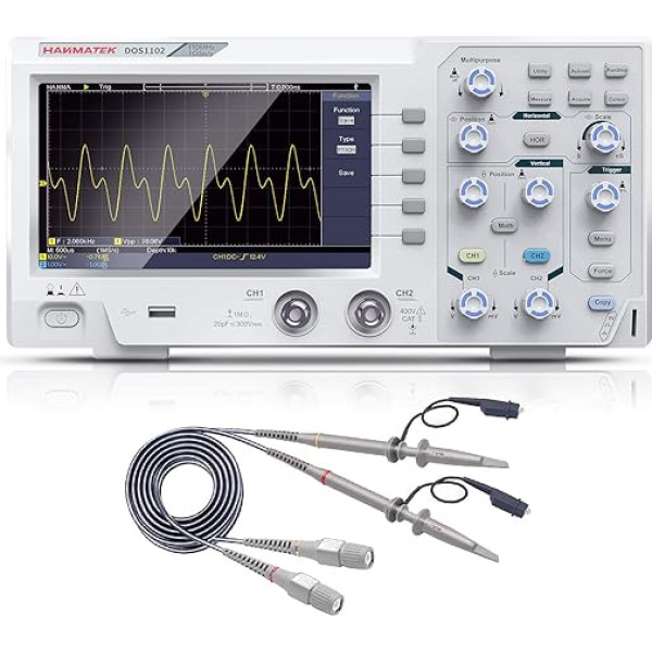 Hanmatek DOS1102 pārnēsājams profesionāls osciloskopa komplekts ar 2 kanāliem un 7 collu/18 cm TFT LCD ekrānu, 110 MHz joslas platums, 100-240 V