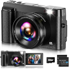 Digitālā kamera, 4K UHD fotokamera, autofokuss ar 32G karti, 48MP videoreportāžas kamera ar 180° flipekrānu un UV objektīvu, kompakta kamera pusaudžiem, iesācējiem un pieaugušajiem