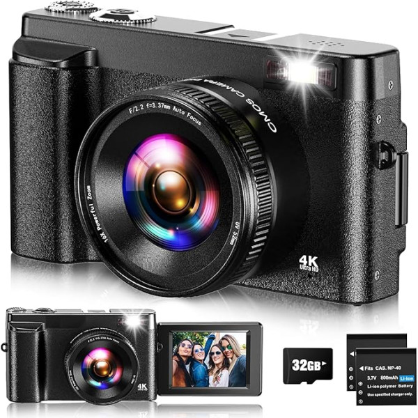 Digitālā kamera, 4K UHD fotokamera, autofokuss ar 32G karti, 48MP videoreportāžas kamera ar 180° flipekrānu un UV objektīvu, kompakta kamera pusaudžiem, iesācējiem un pieaugušajiem