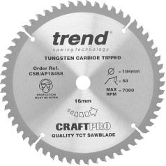 Trend Aluminium & Kunststoff Kreissägeblatt, 184mm Durchmesser, 16mm Bohrung, 58 Zähne, HW, 2,8mm Schnittbreite, -6° Haken, CSB/AP18458