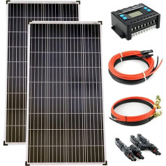 solartronics Komplekts 2 x 140 vatu poli saules moduļu komplekts 20 A uzlādes kontrolieris Zils saules kabelis Saules kontaktdakša fotoelementu salu sistēma