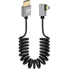 GELRHONR 4K Micro HDMI spirālveida kabelis, īss Micro HDMI vīrietis uz HDMI vīrietis atsperes elastīgs plāns kabelis, Micro HDMI 90 grādu kabelis 18Gbps 3D 4K @ 60Hz, kameras video uztveršanas kartei (taisnais leņķis)