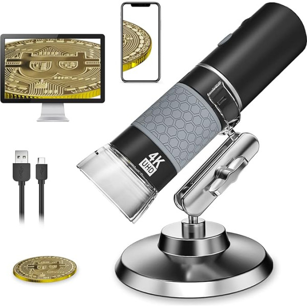 Bysameyee 4K 3840 x 2160P bezvadu digitālais mikroskops, rokas HD USB mikroskopa inspekcijas kamera Endoskops 40x 1000x palielinājums, saderīgs ar iPhone, iPad, Android, telefonu, planšetdatoru, Windows,