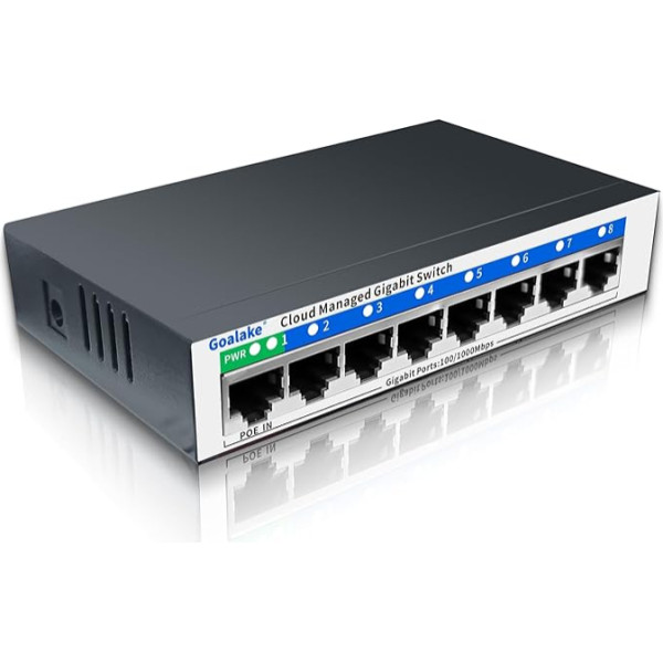 Goalake Gigabit Ethernet komutators, 8 RJ45 porti, metālisks, 10/100/1000 Mb/s, ideāli piemērots kabeļu tīkla paplašināšanai MVU un mājas birojiem