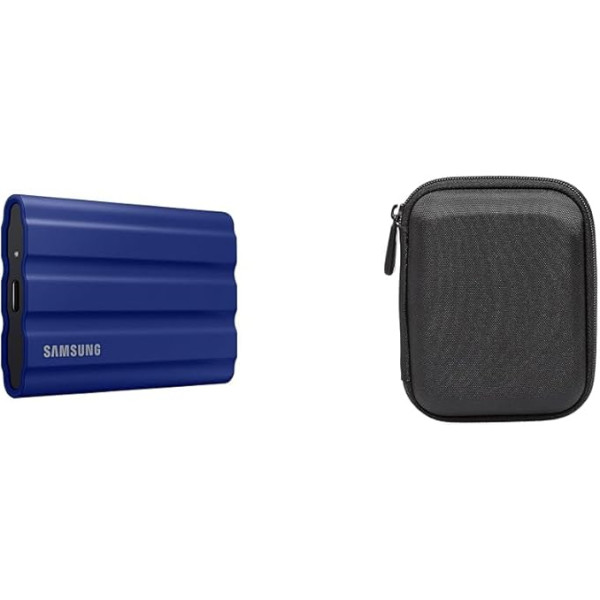 Samsung Portable SSD T7 Shield (MU-PE2T0R/EU), 2TB, USB 3.2 Gen.2, 1050MB/s nolasīšana, 1000MB/s ierakstīšana, zils + Amazon Basics cietā diska soma, melns