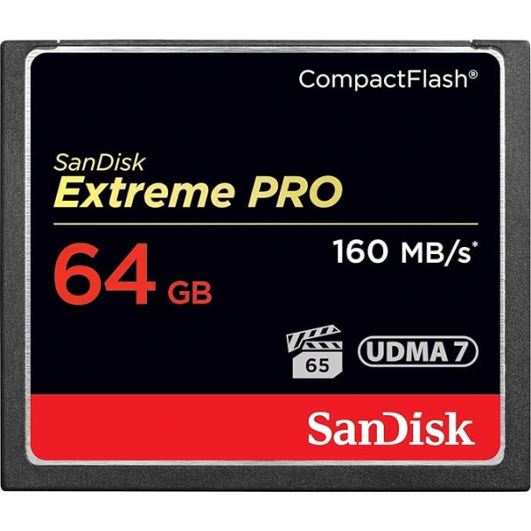 SanDisk Extreme PRO CompactFlash zibatmiņas karte 64 GB (UDMA7, 4K- un Full-HD video, VPG 65, temperatūras ierobežojums, 160 MB/s pārnesums)