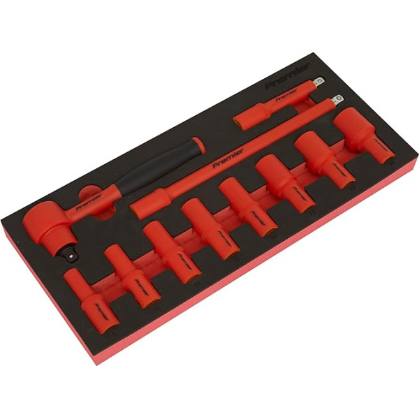 Sealey Premier TBTE01 Isoliertes Steckschlüssel-Set mit Werkzeugablage, 11-teilig, 1,9 cm (3/8 Zoll) Vierkantantrieb, VDE-geprüft