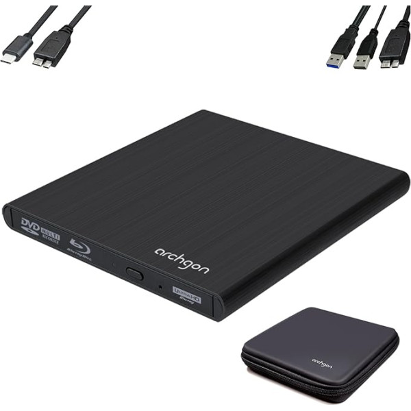 Archgon, Style UHD ārējais 4K Ultra HD BD DVD atskaņotājs, Blu-ray BDXL ārējais ierakstītājs PC, Mac klēpjdatoram, USB 3.0/-C, M-Disk, aizsargstikls, ārējais CD, BluRay disks, alumīnija melns