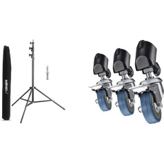 Walimex pro AIR 290 Deluxe Lamp Tripod 290 cm - Light Stand with Air Suspension Height Max 290 cm, 7 kg Load Capacity, Black & Tripod Castors Pro Set of 3 - Tripod Castors, Swivel Castors, Full Metal,