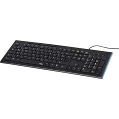 Hama Anzano tastatūra ar gaismas joslām (vācu QWERTZ tastatūras izkārtojums, plakanie taustiņi, 8 multivides taustiņi, 1,4 m kabelis, ciparu tastatūra, Windows datoriem) Datora tastatūra, melna