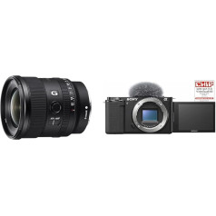 Sony SEL-20F18G pilna formāta objektīvs (FE 20 mm F1.8, īpaši platleņķa, viegls), melns un Alpha ZV-E10 APS-C bezspoguļa kamera ar maināmu objektīvu, melns