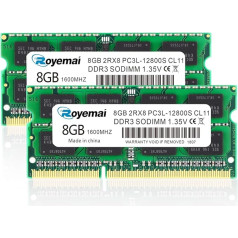 PC3-12800S 16GB (8GB x 2) RAM DDR3L 1600MHz 1.35V 2Rx8 Dual Rank 204 Pin CL11 Unbuffered Non-ECC SODIMM atmintis nešiojamiesiems kompiuteriams