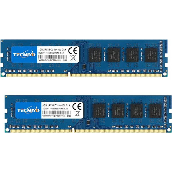 TECMIYO DDR3 16GB (2x8GB) RAM PC3-10600U DDR3 1333MHz Udimm PC3-10600 DDR3-1333 2RX8 Dual Rank 240 Pin 1.35/1.5V CL9 Non-ECM bez buferizācijas Desktop RAM atmiņas modulis