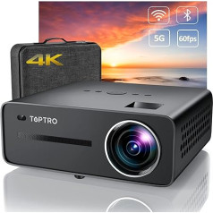 Projektors 4K atbalsts 5G WiFi Bluetooth, 22000 lūmenu TOPTRO projektors ārtelpā, dabiskais Full HD 1080P, atbalsta 4P/4D korekciju, tālummaiņu, portatīvais mājas kino projektors TV stick iOS Android PS5 HDMI