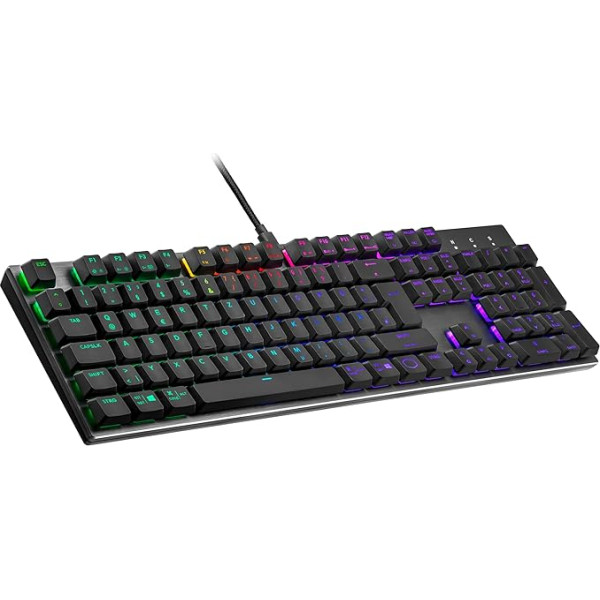 Cooler Master SK652 mehāniskā tastatūra (pilna izmēra) - ar plakaniem, peldošiem taustiņiem, RGB apgaismojumu, vadu USB-A tipa pieslēgvietu, saderīga ar PC un MacOS - DE izkārtojums, sarkani slēdži