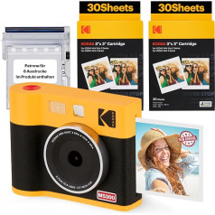 KODAK Mini Shot 3 ERA 4PASS 2-in-1 instant kamera un fotoprinteris (7,6 x 7,6 cm) Instant kamera + 8 loksnes komplektā + 60 lapu kasetne, dzeltena krāsa