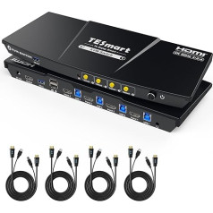 TESmart USB 3.0 HDMI KVM slēdzis 1 monitors 4 datori 4K @ 60Hz, KVM slēdzis 4 pieslēgvietu austiņas, audio un mikrofons, EDID emulatori, L/R audio, karsto taustiņu slēdzis, pogu slēdzis ar tālvadības pulti un kabeļiem