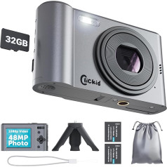 ClickID CAM20 digitālā kamera | 48MP 1080P kamera | Digitālā kamera videoreportāžām | Digitālā kamera bērniem ar 16x tālummaiņu | 32GB MicroSD karte, papildu baterija un statīvs komplektā