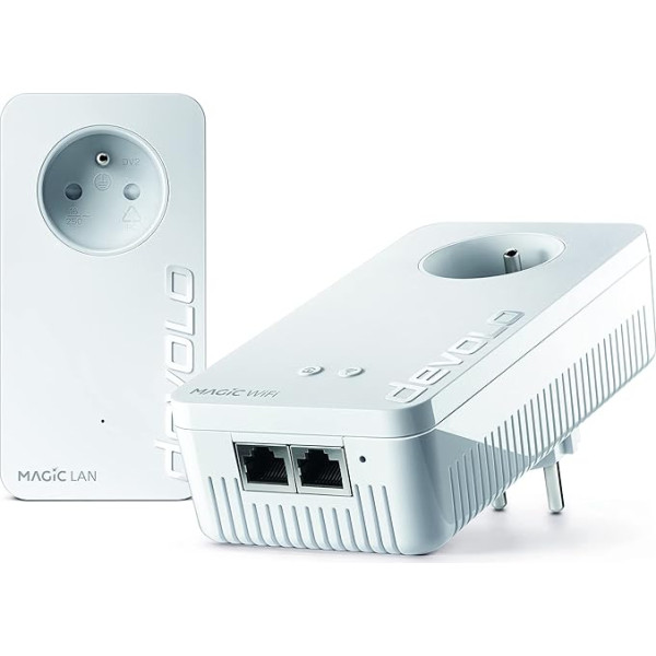 devolo Magic 2 WiFi Nākamais: Ātrākais WiFi starta komplekts (2400 Mb/s, 3 gigabitu Ethernet pieslēgvietas), kas ideāli piemērots lejupielādei un straumēšanai (piemērots Francijai)