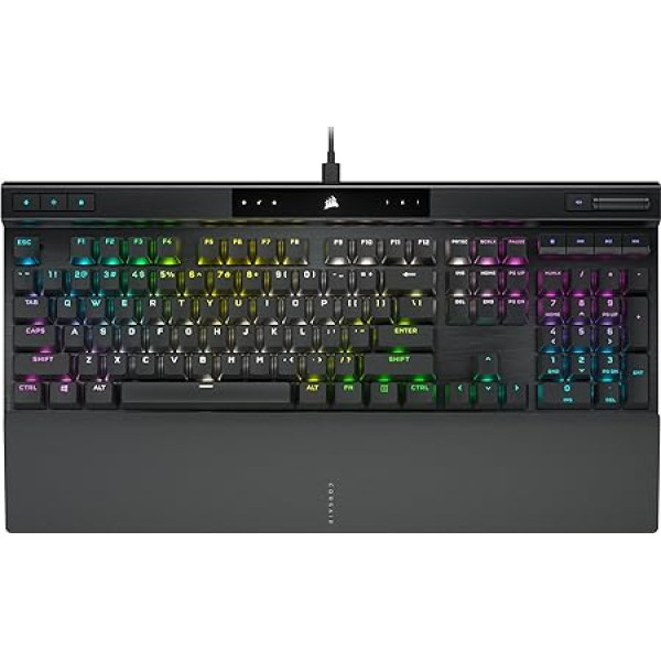 Corsair K70 PRO RGB optiski mehāniskā spēļu tastatūra - OPX lineārie slēdži, PBT dubultā šāviena taustiņu vāciņi, 8000 Hz Hyper-Polling, magnētiskais Soft-Touch plaukstu balsts - NA izkārtojums, QWERTY - melna