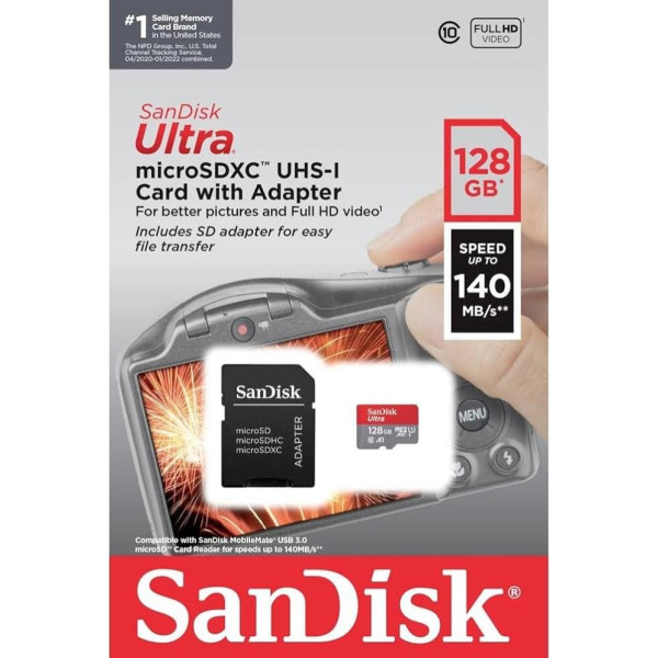 SanDisk 128GB Ultra microSDXC 140MB/s + SD adapteris