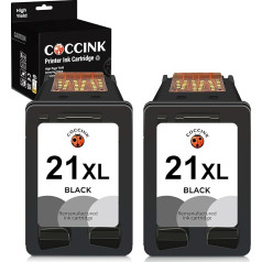 COCCINK 21XL (2 melnas) atjaunotas printeru kasetnes, kas paredzētas HP 21 XL Deskjet F2120 F2180 F2280 F380 F380 F390 F335 F4180 F4190 D2360 D1460 D1530 D2460 OfficeJet 4315 J3608 PSC 1410 printerim.