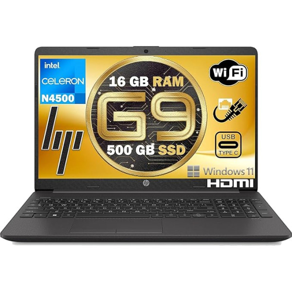 HP 2024 G9 piezīmjdatora modelis Intel n 4500 16GB RAM SSD Pci Nvme 500GB displejs 15,6 collu Anti-Glare 3 USB HDMI LAN Wi-Fi Wi-Fi Win 11 Pro, N4500 Open Office