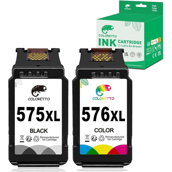 COLORETTO 575 XL 576 XL kasetnes printeriem Canon 575 576 XL priekš PIXMA TS3550i TS3551i TR4750i TR4751i atjaunotas 575XL 576XL kasetnes (1 melna, 1 krāsaina)